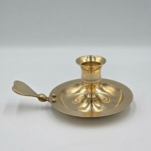 Solid Brass Chamber-Style Candlestick Holder w/ Heart Finger Loop Handle Vintage